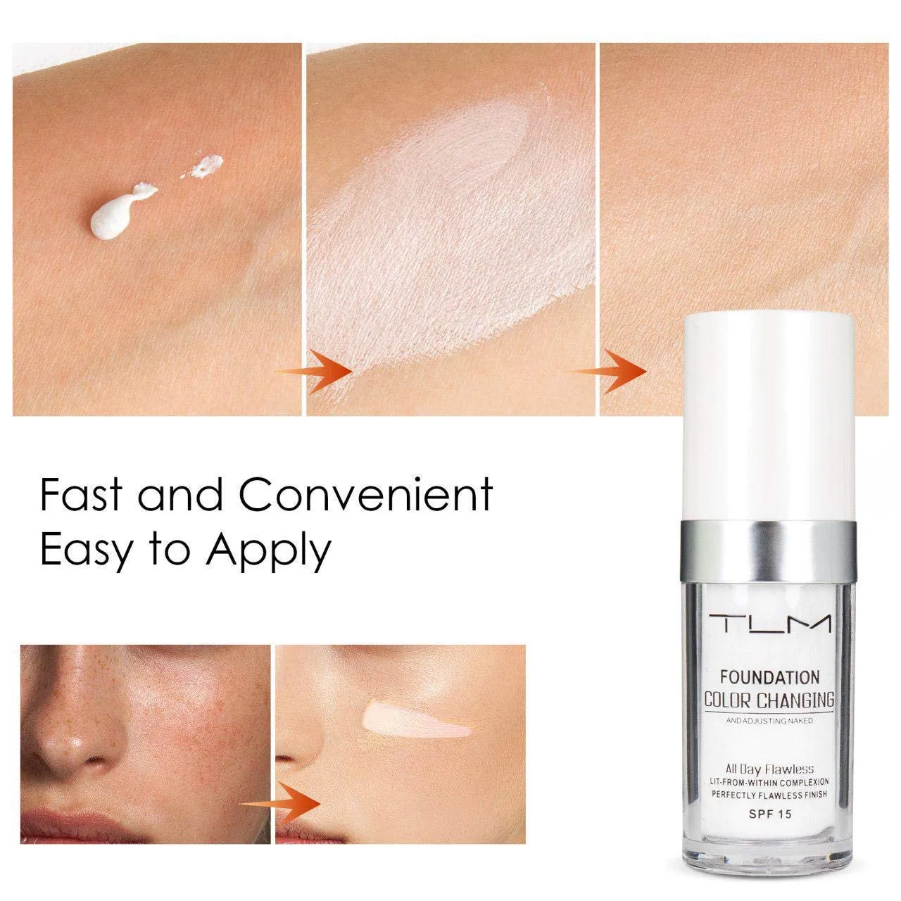 3PCS TLM Flawless Colour Changing Warm Skin Tone Foundation,Naturally Blends Moisturizing foundation makeup,Long Lasting Waterproof Poreless Liquid Foundation SPF 15 for Face Makeup 30 ml (Pack of 3)
