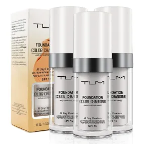 3PCS TLM Flawless Colour Changing Warm Skin Tone Foundation,Naturally Blends Moisturizing foundation makeup,Long Lasting Waterproof Poreless Liquid Foundation SPF 15 for Face Makeup 30 ml (Pack of 3)