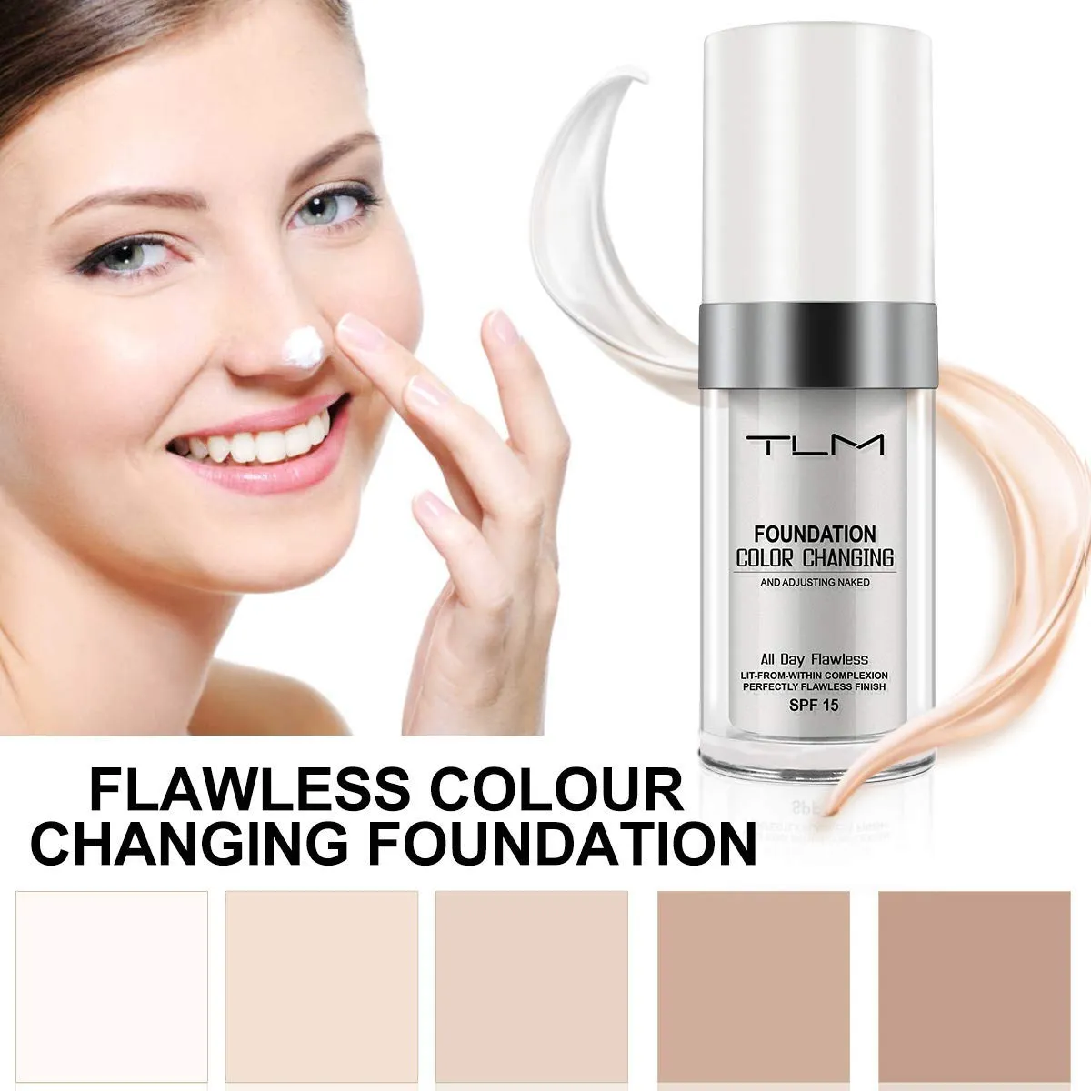 3PCS TLM Flawless Colour Changing Warm Skin Tone Foundation,Naturally Blends Moisturizing foundation makeup,Long Lasting Waterproof Poreless Liquid Foundation SPF 15 for Face Makeup 30 ml (Pack of 3)