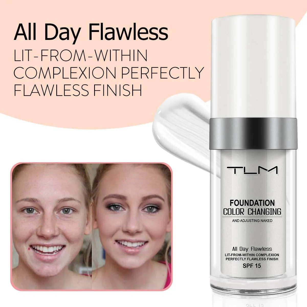 3PCS TLM Flawless Colour Changing Warm Skin Tone Foundation,Naturally Blends Moisturizing foundation makeup,Long Lasting Waterproof Poreless Liquid Foundation SPF 15 for Face Makeup 30 ml (Pack of 3)