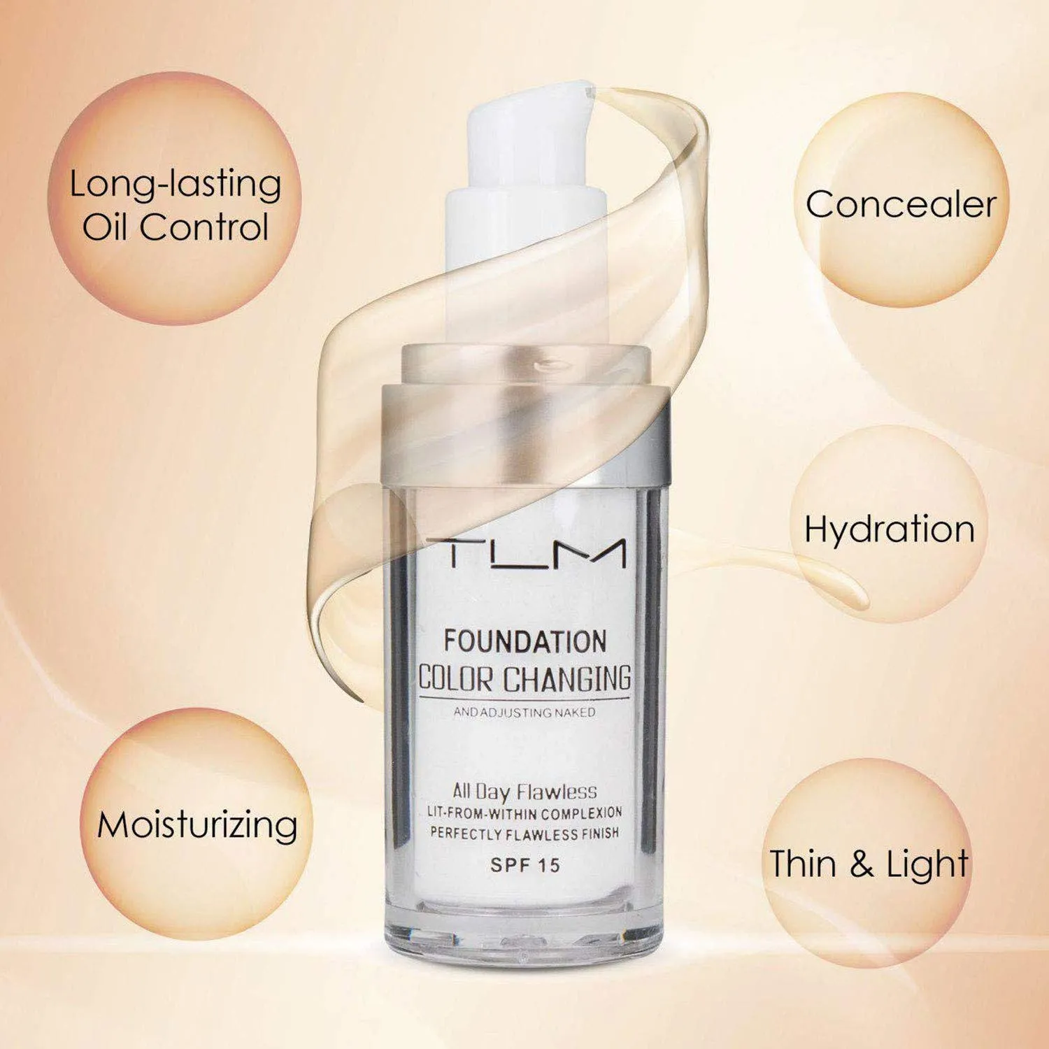3PCS TLM Flawless Colour Changing Warm Skin Tone Foundation,Naturally Blends Moisturizing foundation makeup,Long Lasting Waterproof Poreless Liquid Foundation SPF 15 for Face Makeup 30 ml (Pack of 3)