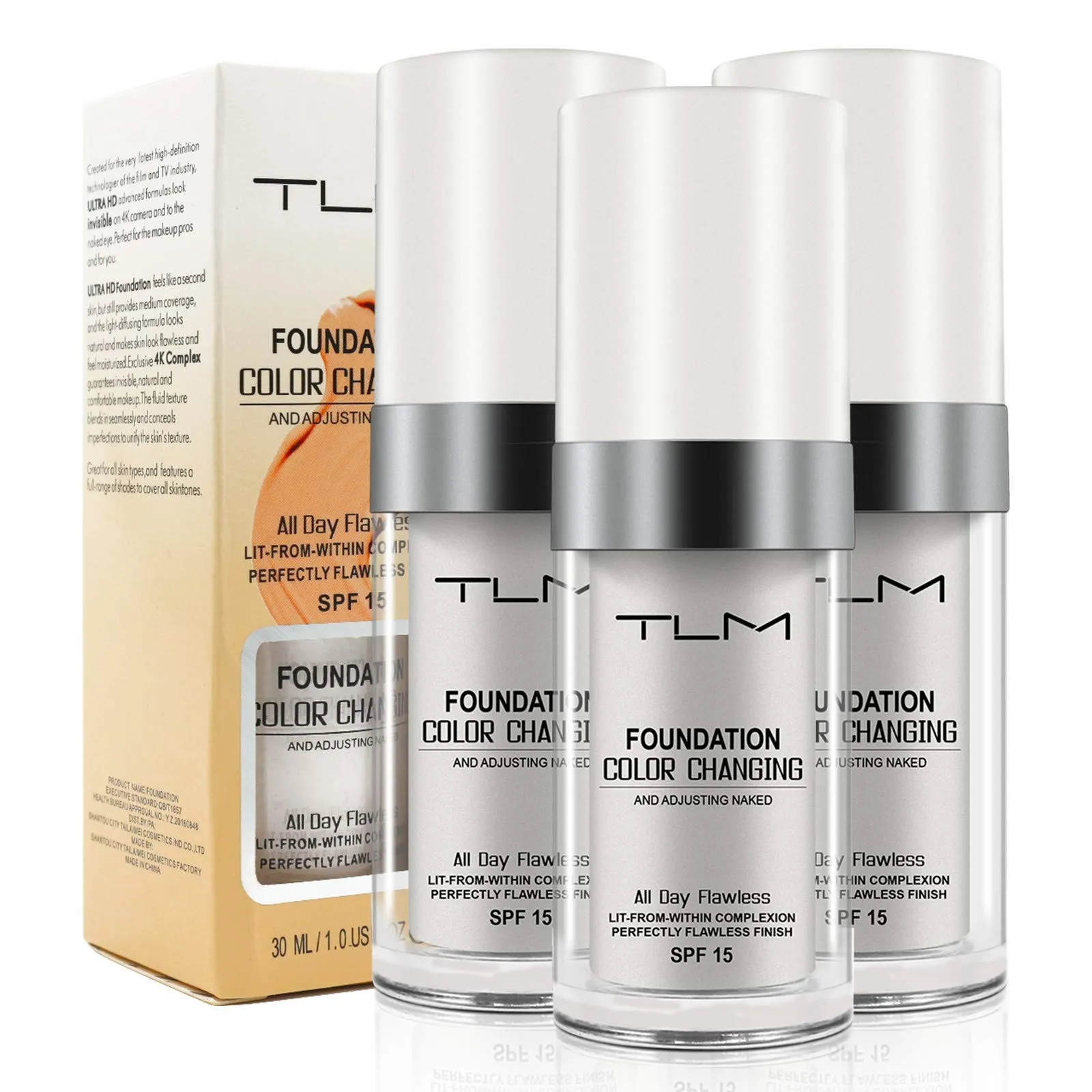 3PCS TLM Flawless Colour Changing Warm Skin Tone Foundation,Naturally Blends Moisturizing foundation makeup,Long Lasting Waterproof Poreless Liquid Foundation SPF 15 for Face Makeup 30 ml (Pack of 3)