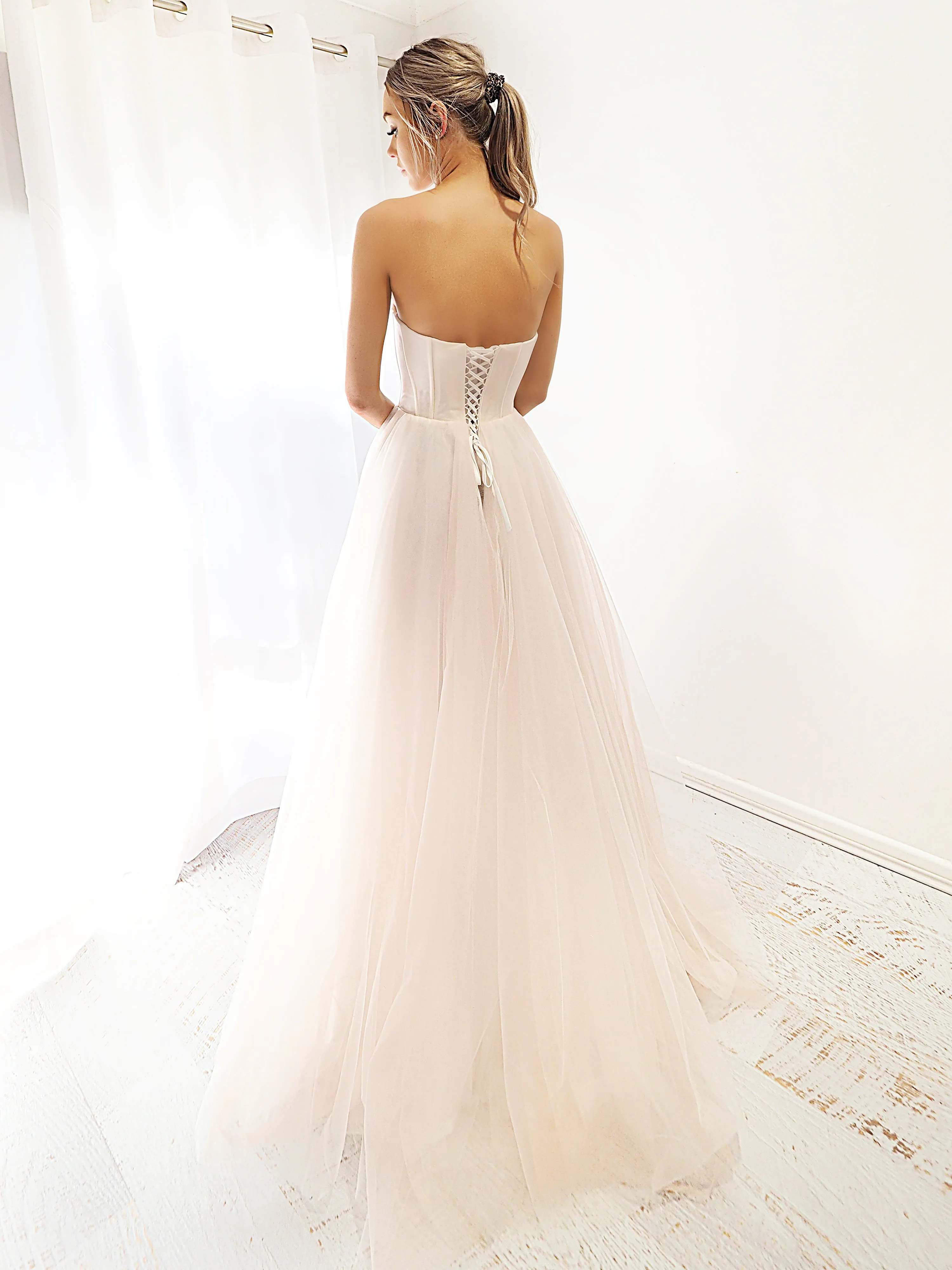Bustier blush pink organza lace up back dress