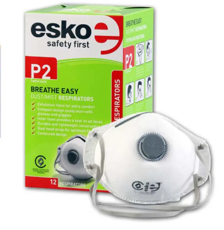 Esko Breathe Easy Disposable Valved Dust / Mist Respirator Masks P2 Rated 12 Pack